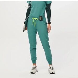 Figs Teal Scrub Pants with Neon Green Drawstring